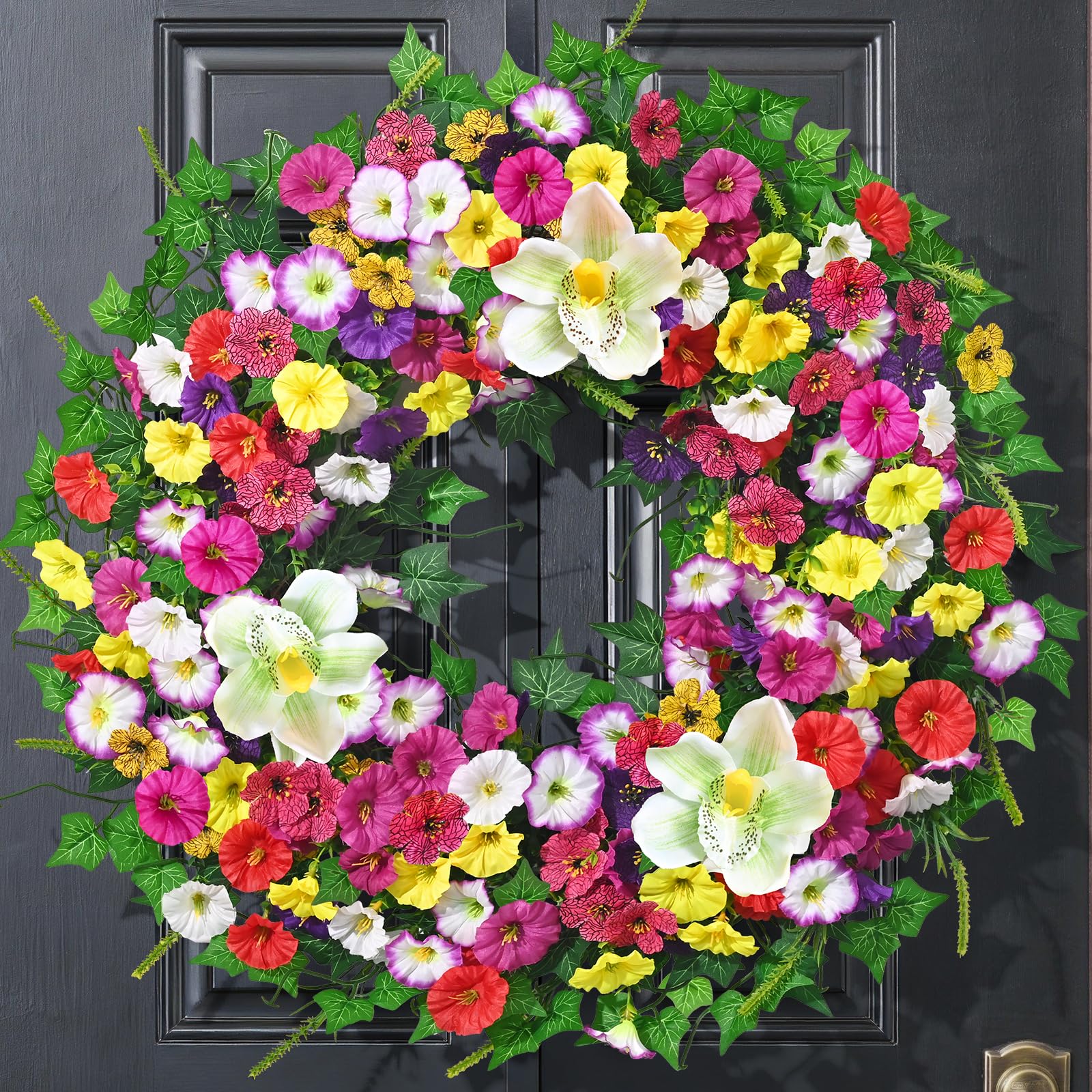 Yastouay Spring Wreath on the front door with inviting color and full arrangement