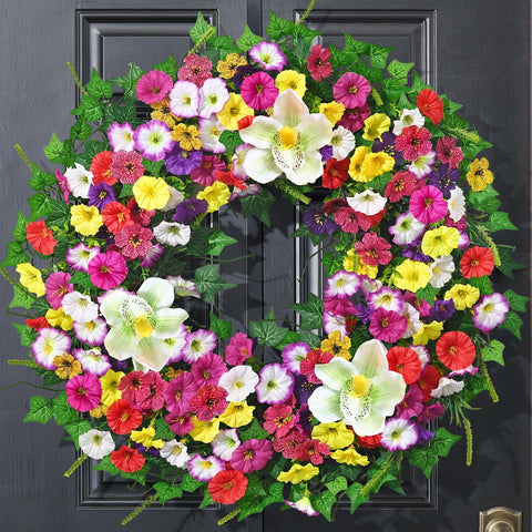 Yastouay Spring Wreath on the front door with inviting color and full arrangement