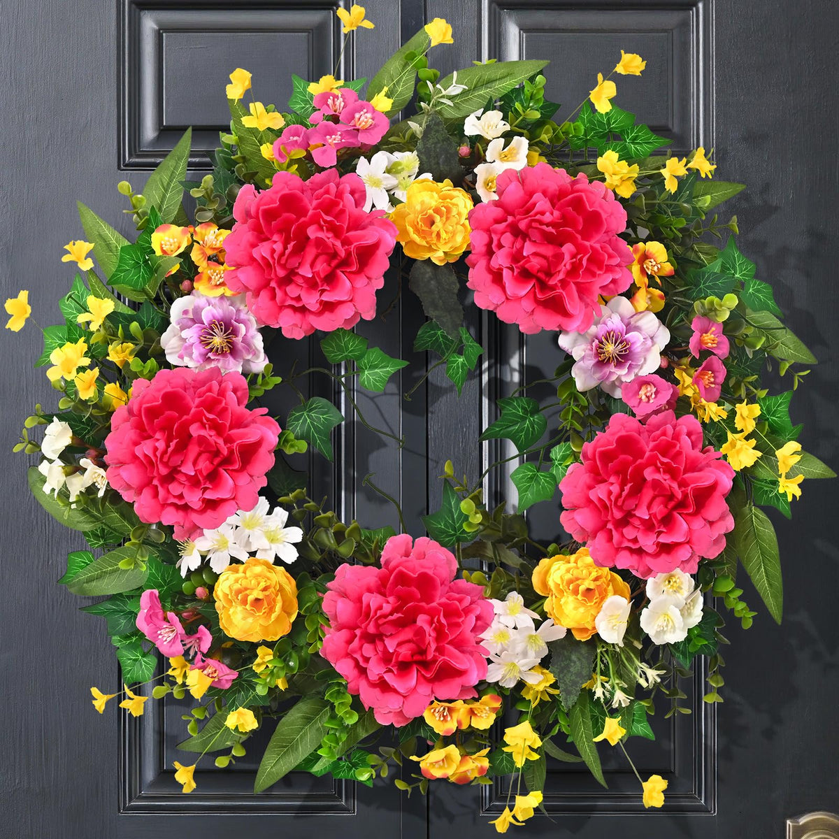 Yastouay spring wreath with peonies on front door for vibrant entry