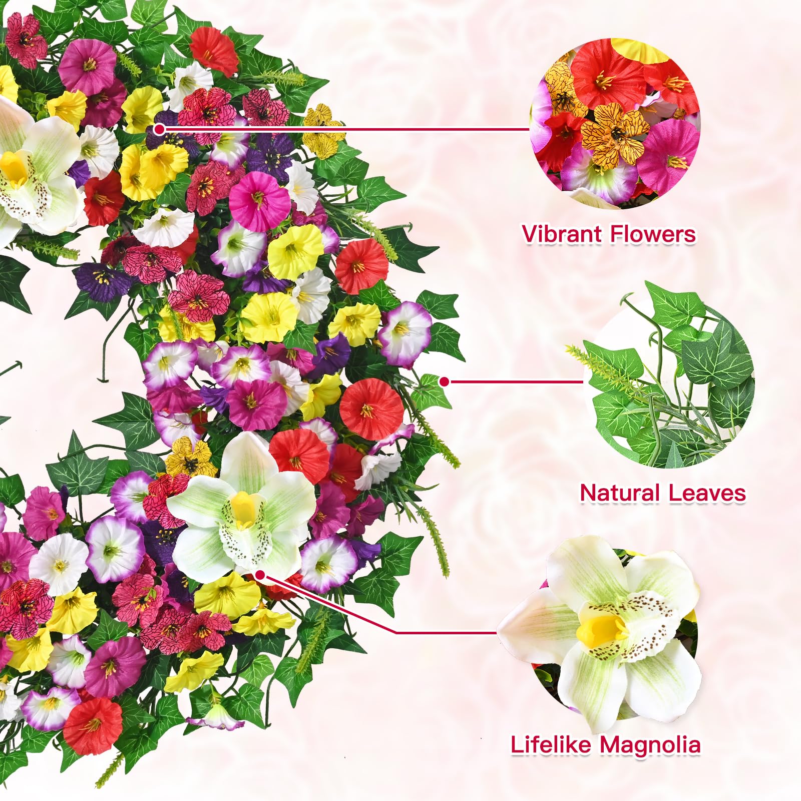 Yastouay petunia flowers add vibrant accents to the wreath