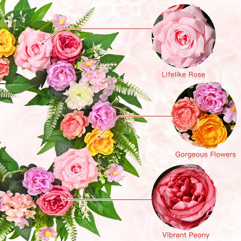 Yastouay Summer Wreath closeup silk flowers showing lifelike petals