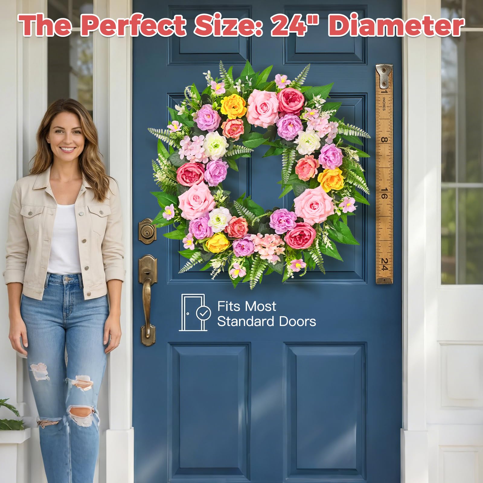 Yastouay Summer Wreath front door peony touch adds color