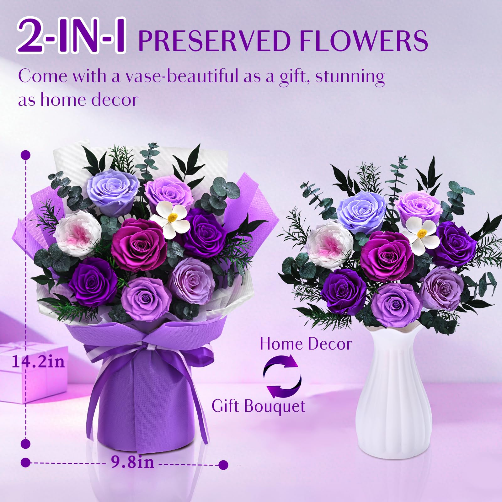 Tabletop display of Yastouay preserved purple roses