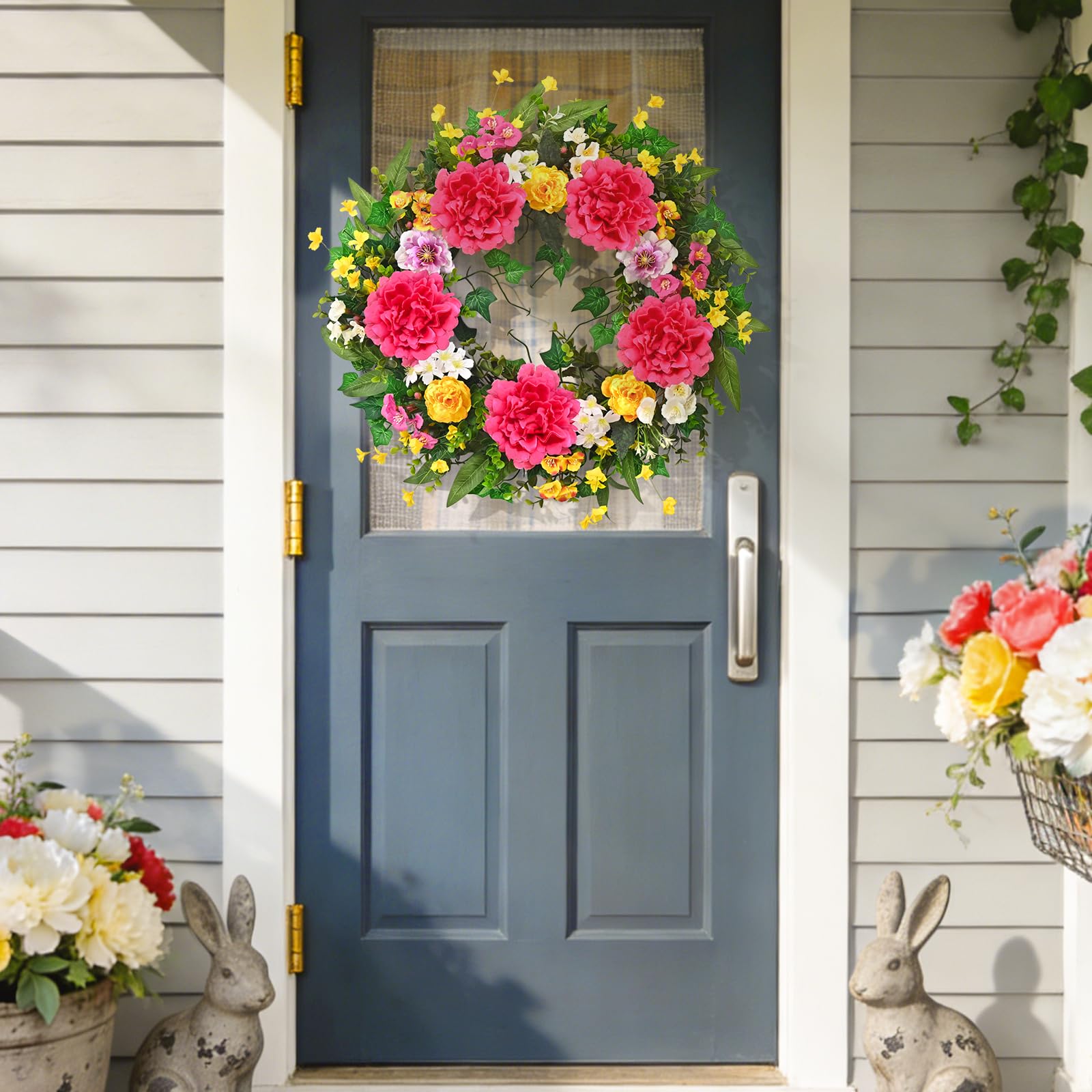 Yastouay wreath hung on porch wall for visual interest