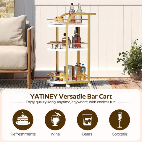 YATINEY 3-Tier Bar Cart with wheels in motion for easy room-to-room serving.