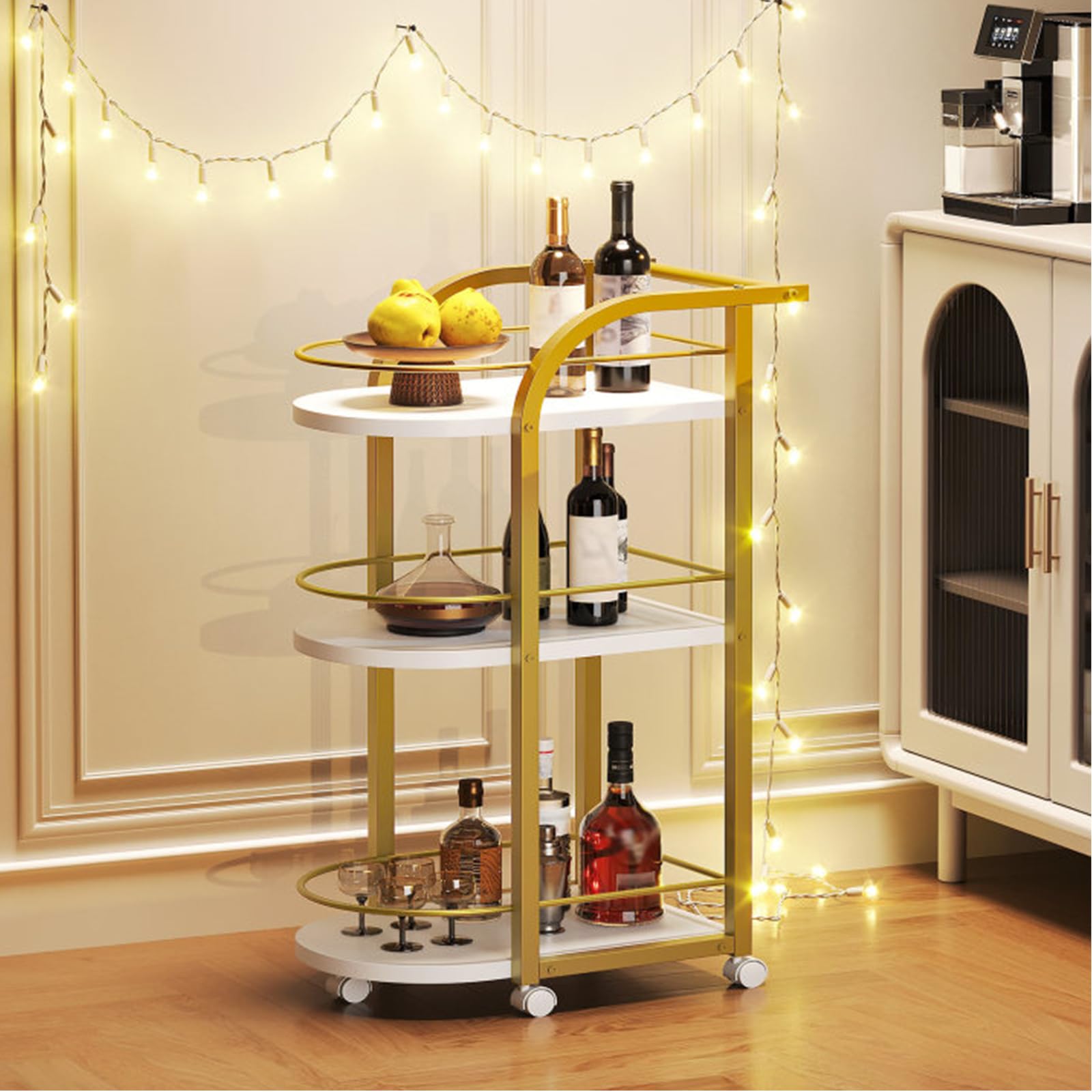 YATINEY bar cart in white and gold, side view showing slim profile.
