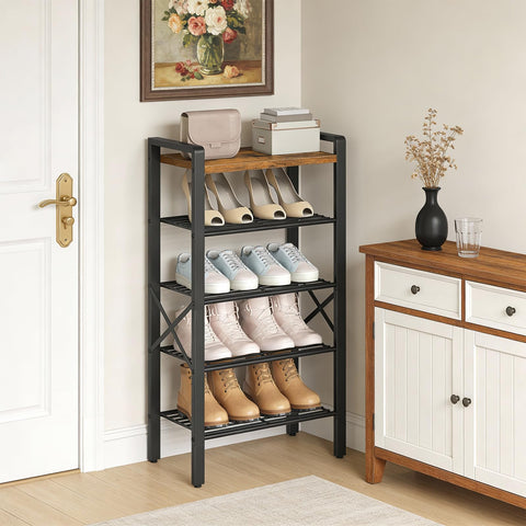 YATINEY shoe rack side view highlights stable feet and compact footprint.