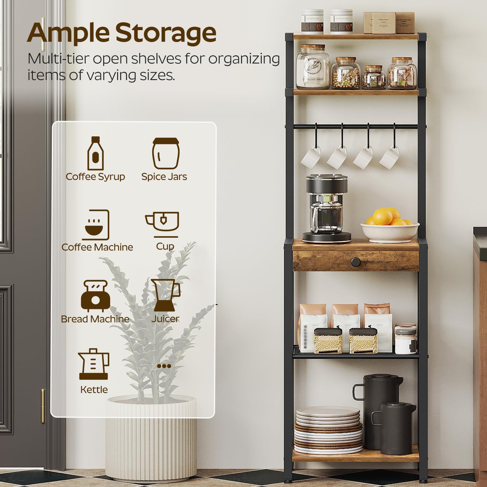 YATINEY Bakers Rack countertop storage for mugs and utensils.
