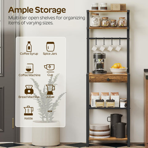 YATINEY Bakers Rack countertop storage for mugs and utensils.