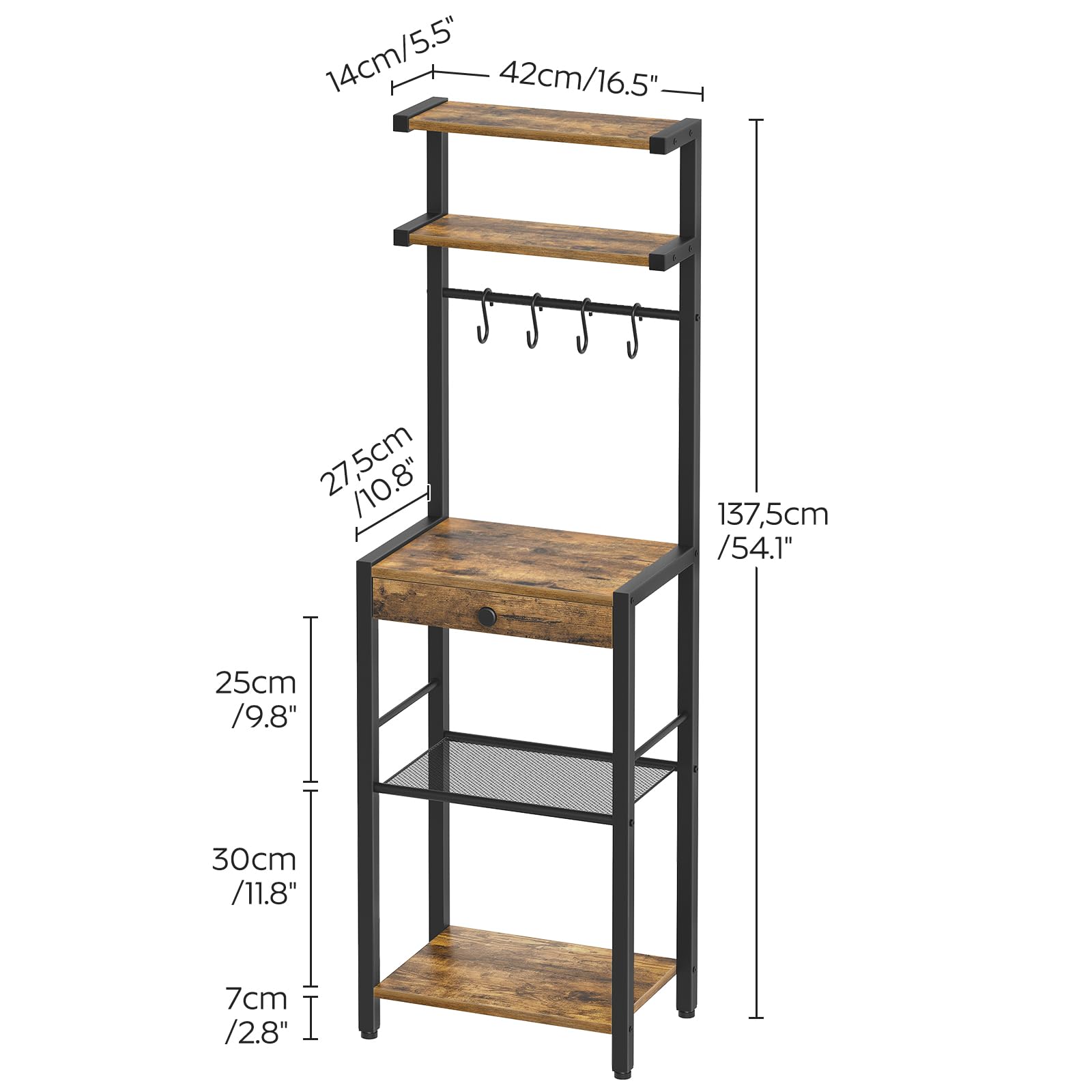 YATINEY Bakers Rack mesh shelves and hooks for organized storage.
