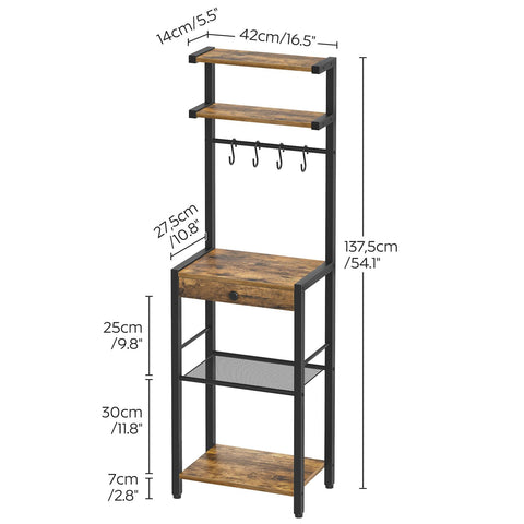 YATINEY Bakers Rack mesh shelves and hooks for organized storage.