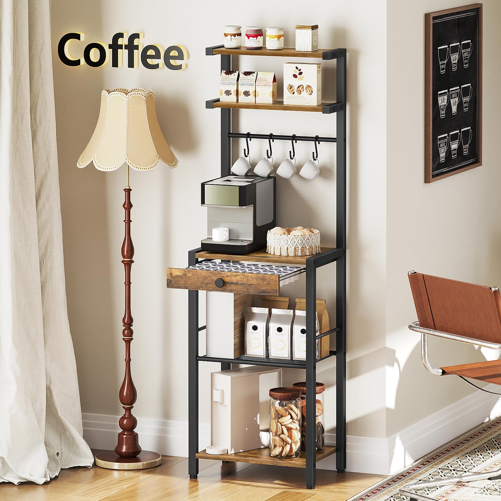 YATINEY Bakers Rack with pod drawer holder for capsules.