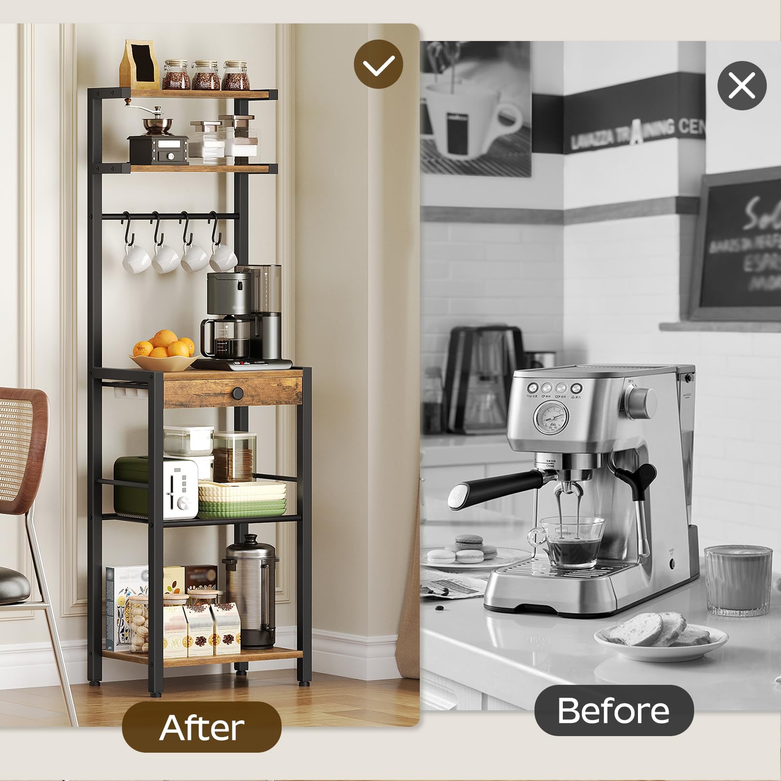 YATINEY Bakers Rack sturdy particleboard and metal frame.