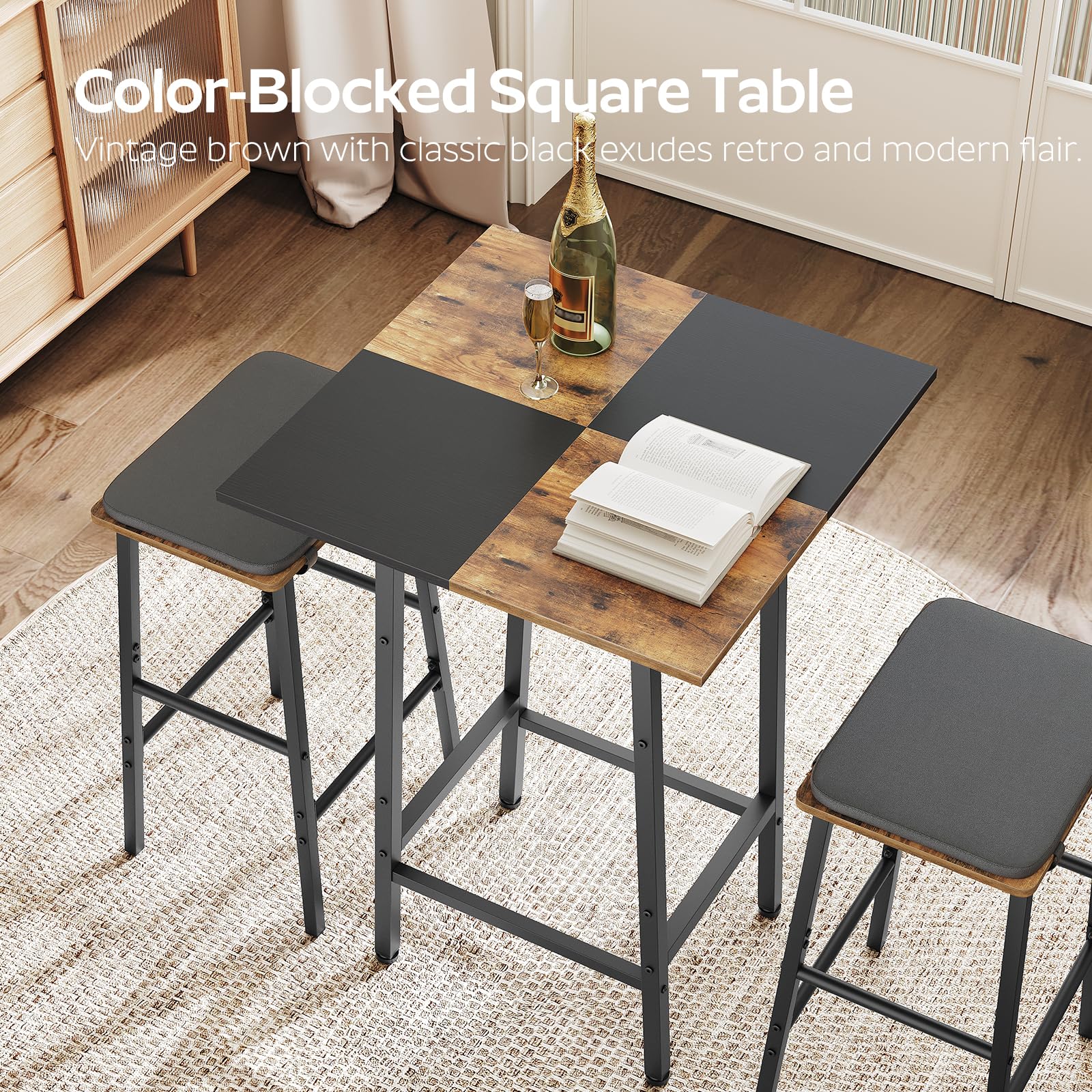 YATINEY bar table material detail highlights particleboard and metal reinforcement