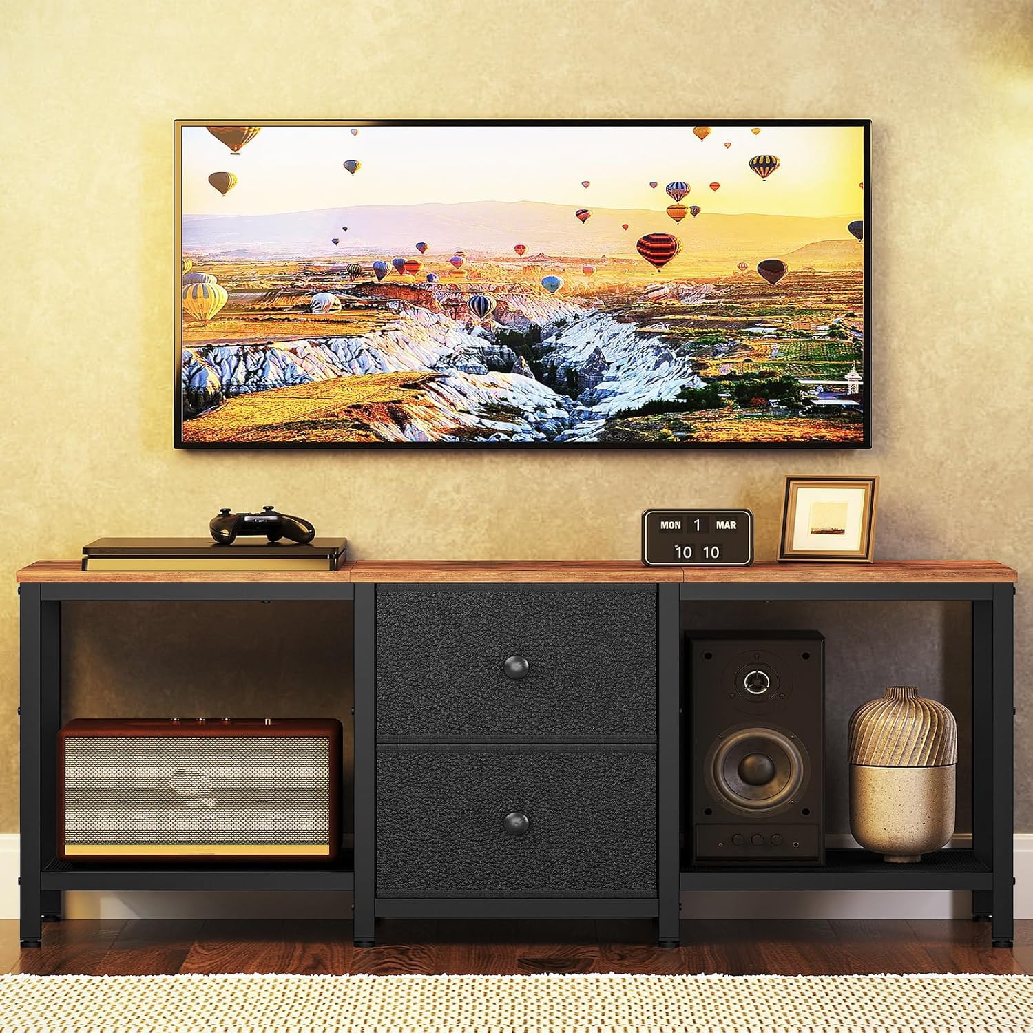 YATINEY DS02BR TV Stand supports 55-inch TVs for easy setup.