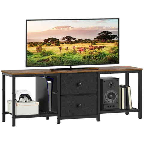 YATINEY DS02BR TV Stand with drawers close-up showing dual storage for remotes and magazines.