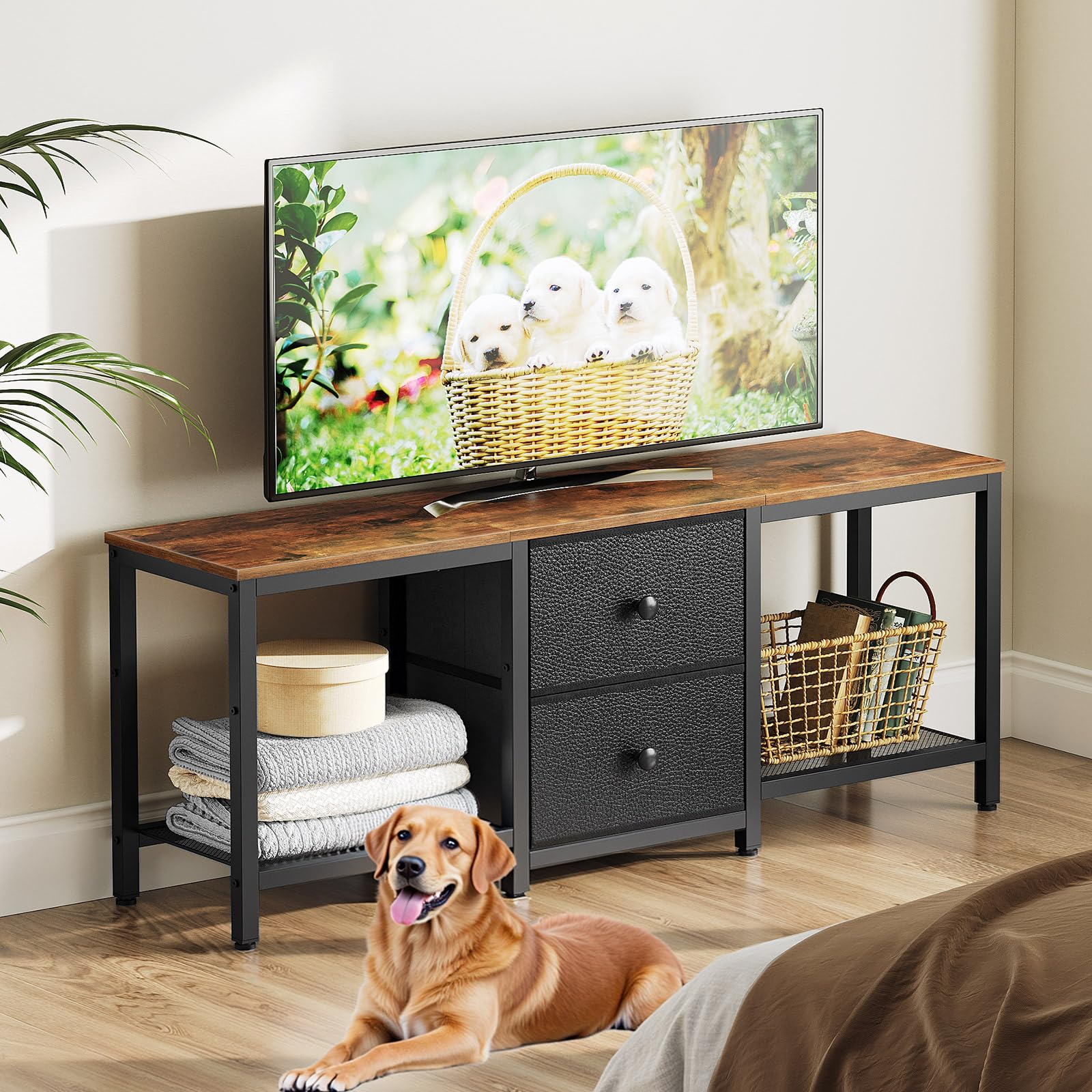 YATINEY DS02BR TV Stand mesh shelves organize media and accessories.