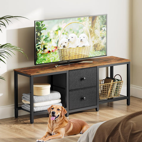 YATINEY DS02BR TV Stand mesh shelves organize media and accessories.