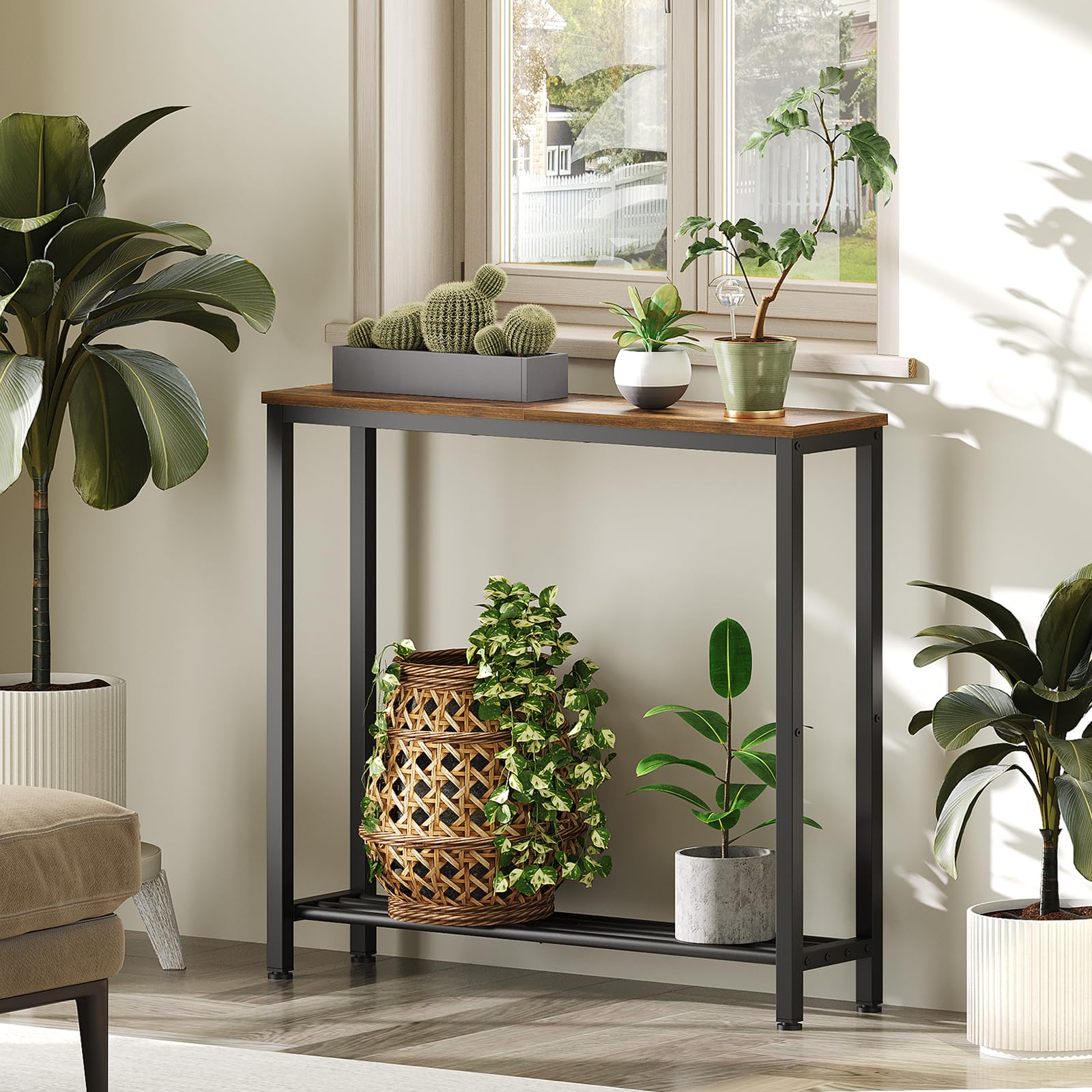 YATINEY two-tier shelves on a narrow console table for storage