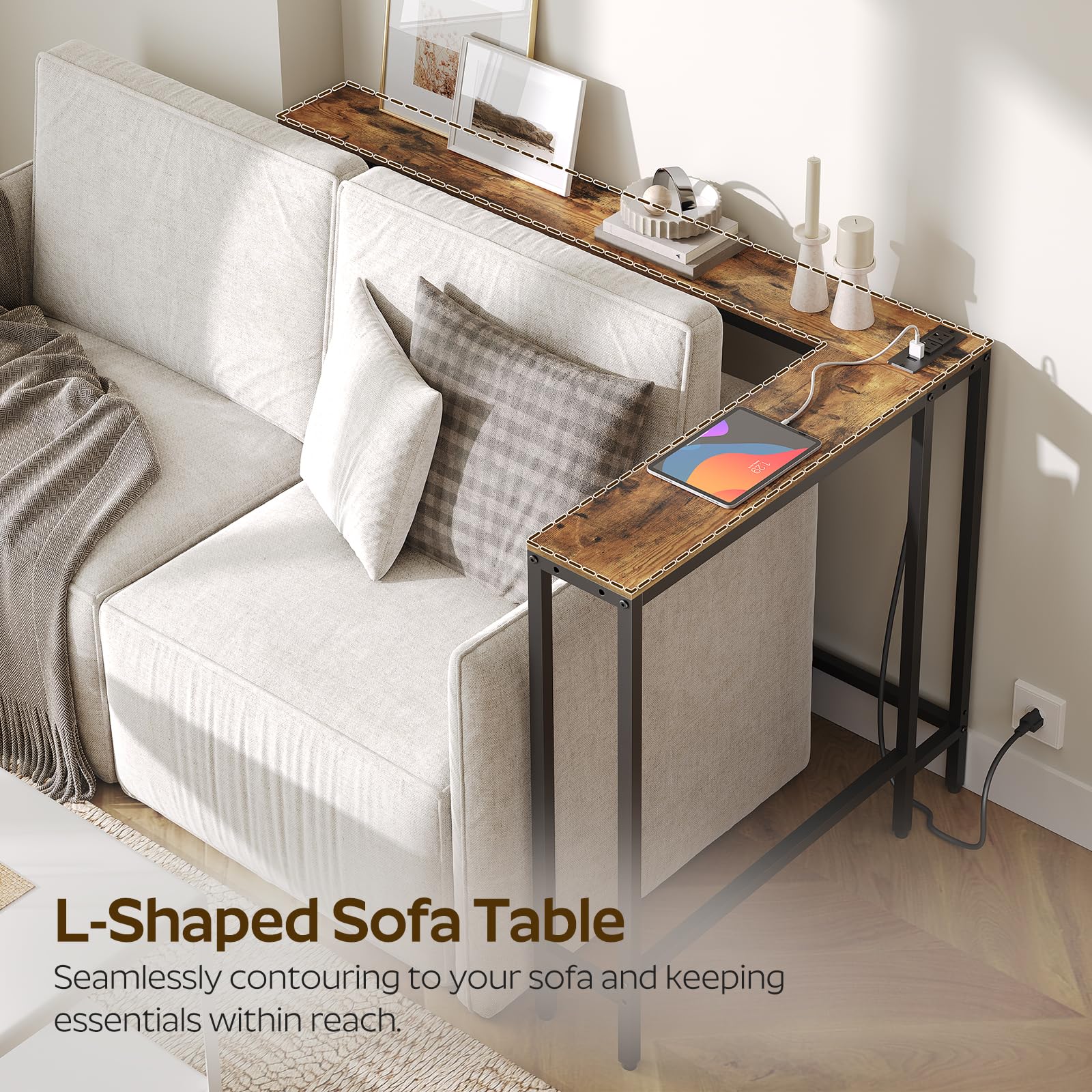 YATINEY console table behind the sofa shows space-saving L-shape design and flow.