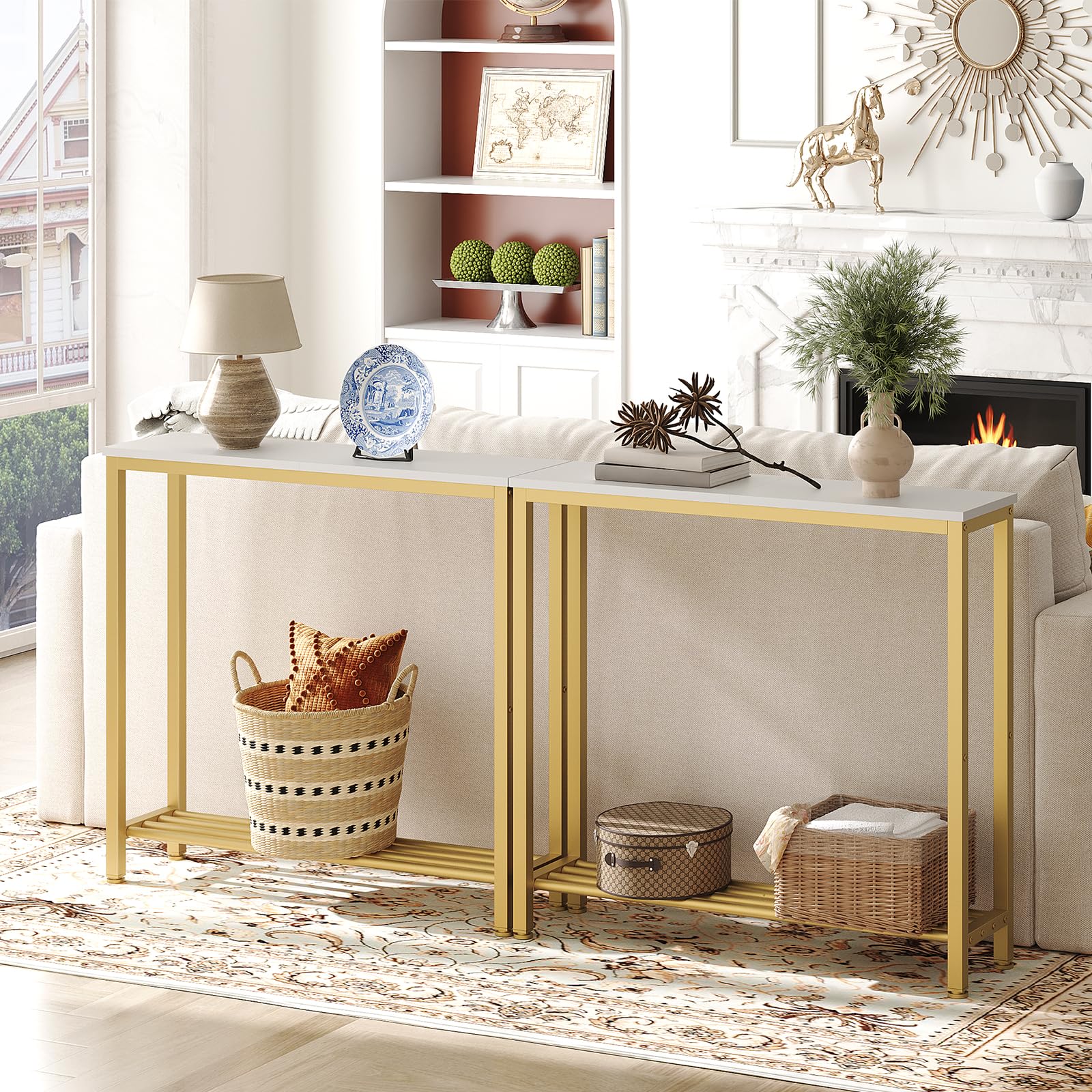 YATINEY narrow console table side view highlights dual shelves for storage