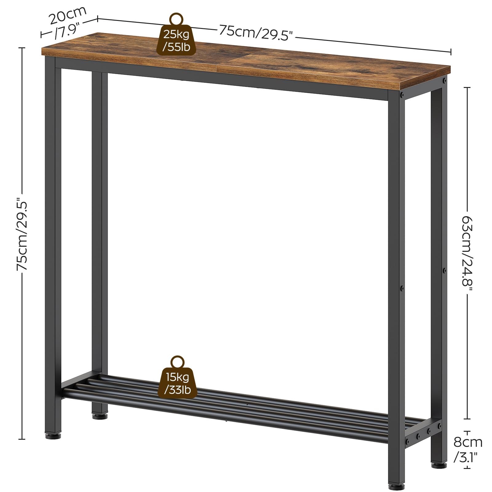 YATINEY top surface supporting up to 55 pounds on the narrow console table