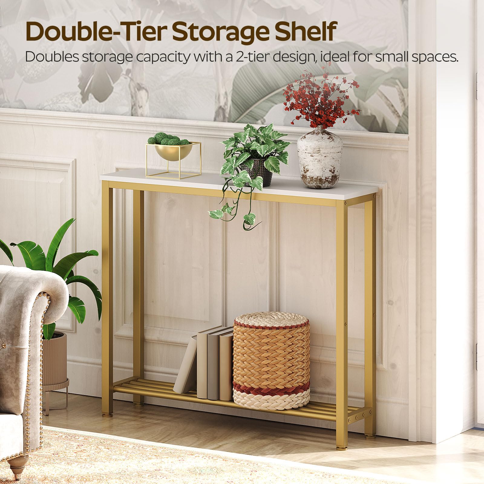 YATINEY two-tier shelves behind couch for organized display