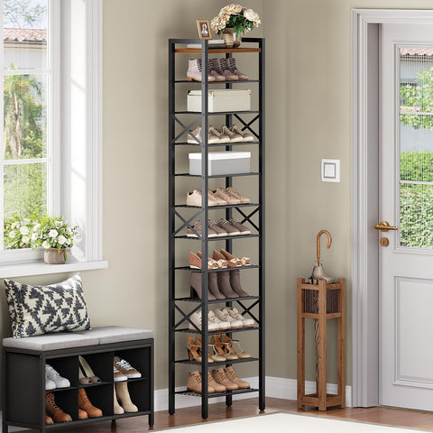 YATINEY tall shoe rack with wooden top and sturdy frame supports 12–24 pairs.