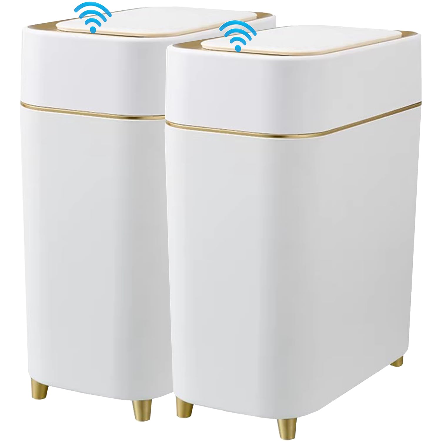 Yatmung 2Pack front view shows a sleek white trash can with gold edge.