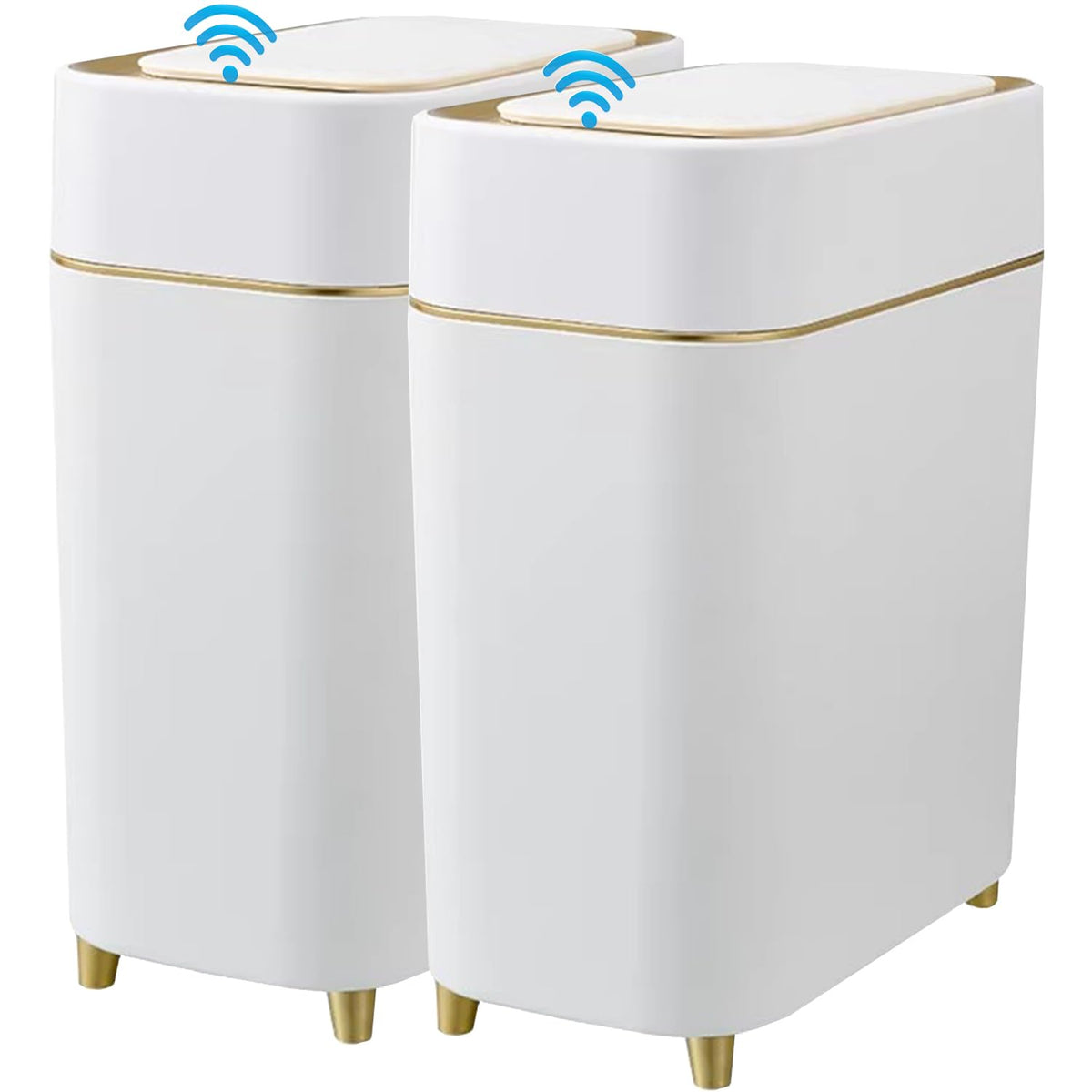 Yatmung 2Pack front view shows a sleek white trash can with gold edge.