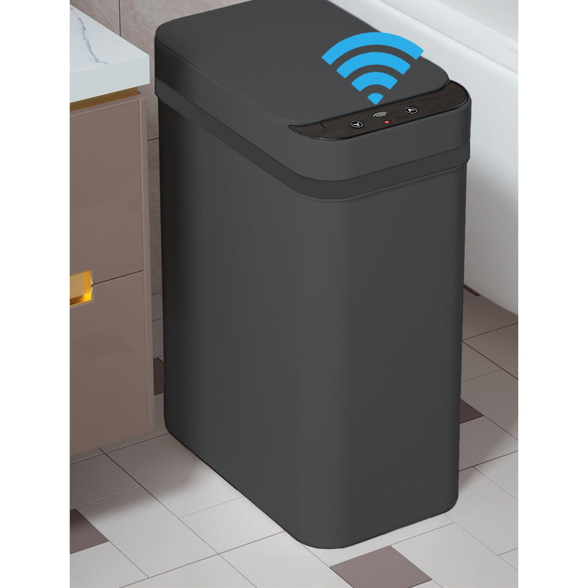 Yatmung 4 Gallons touchless trash can with matte black finish, ideal for compact bathrooms.