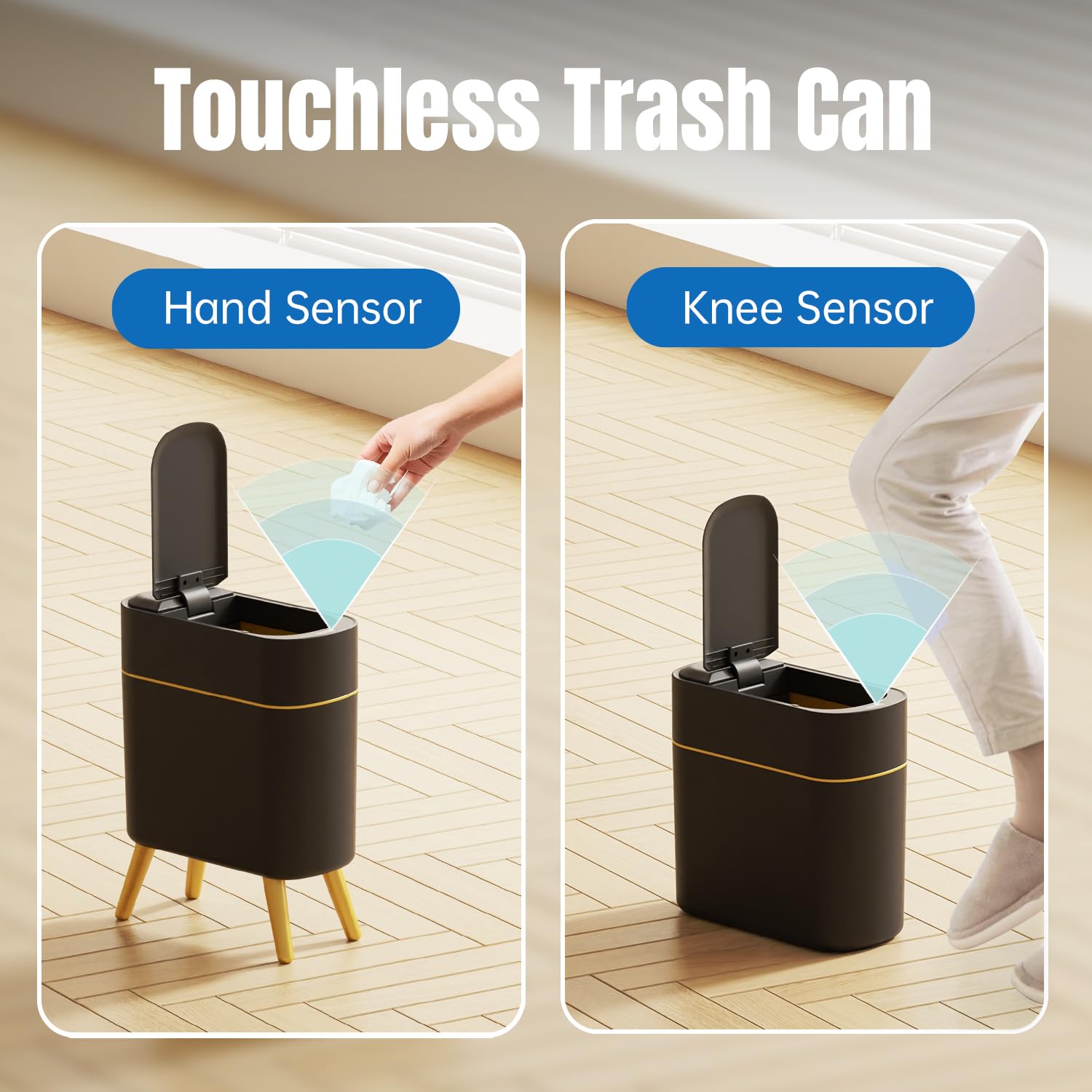 Yatmung black trash can with gold edge and auto-close lid for quiet use.