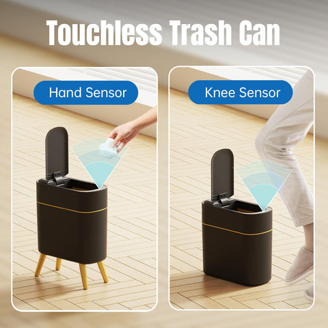 Yatmung black trash can with gold edge and auto-close lid for quiet use.