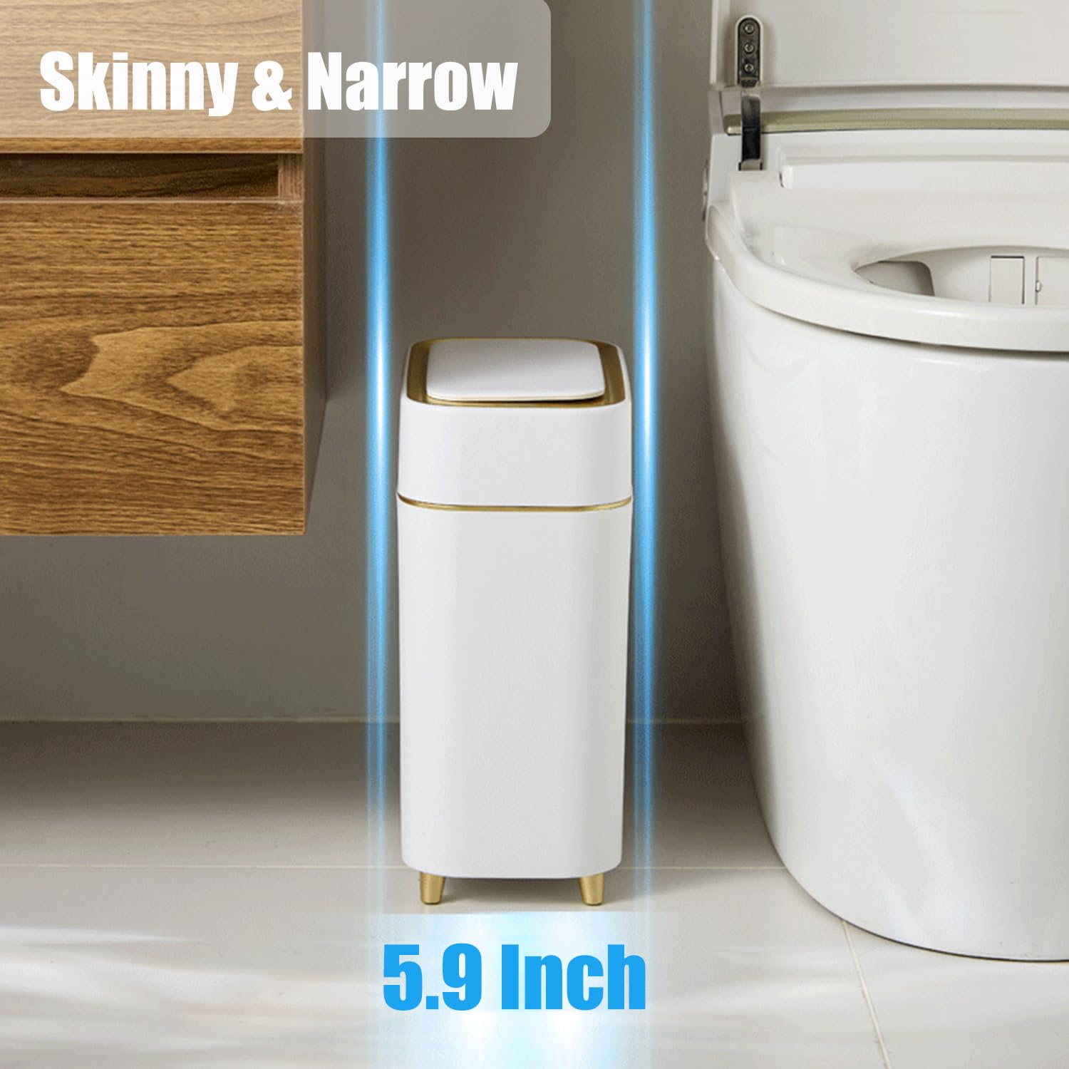 Yatmung compact trash can fits neatly in a small bathroom corner.