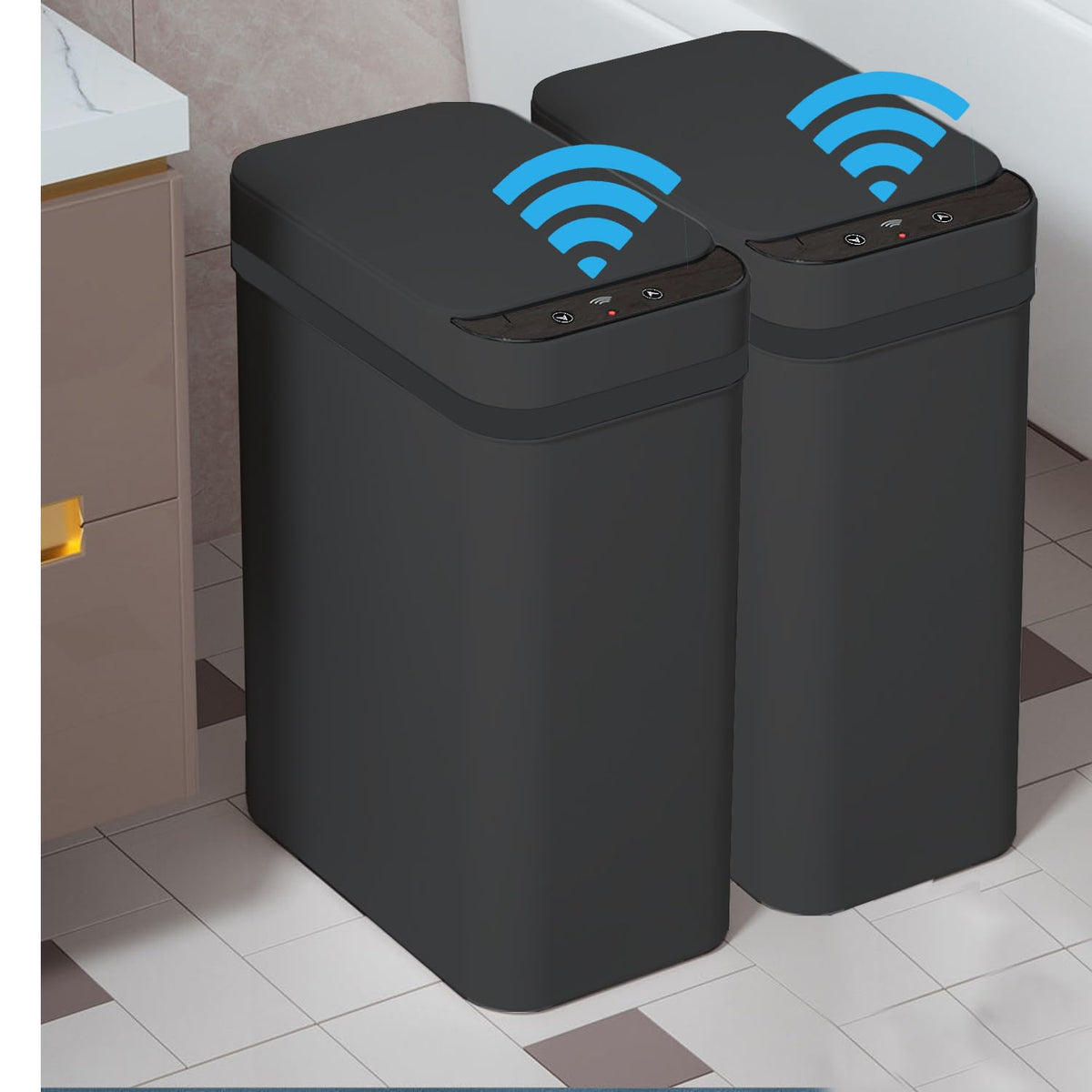 Yatmung skinny trash bin front view highlights space-saving design for tight spaces.