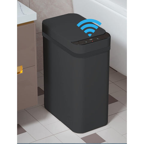 Yatmung touchless trash can front view shows slim 2.5-gallon design for tight spaces.