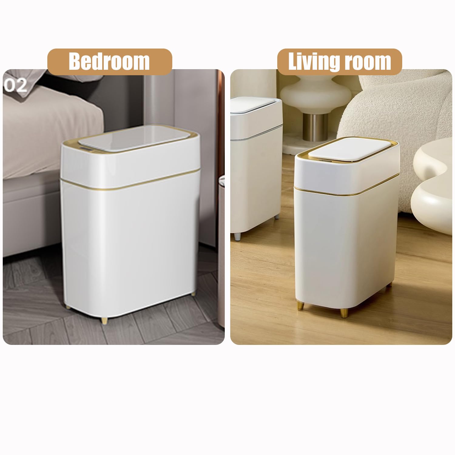 Yatmung white trash bin with gold edge adds elegant decor.