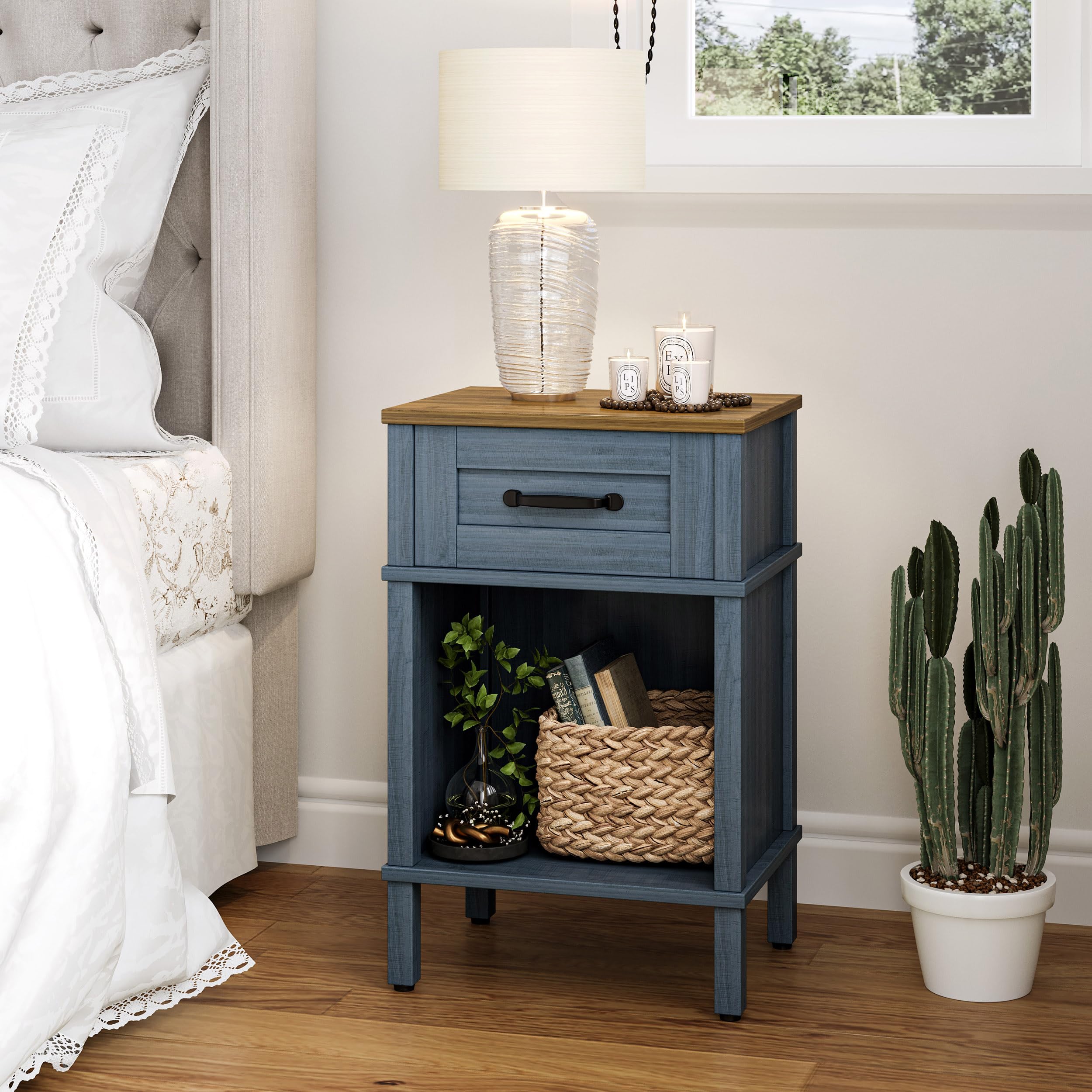 YAUKTAK bedside table drawer open, easy reach for stored items.