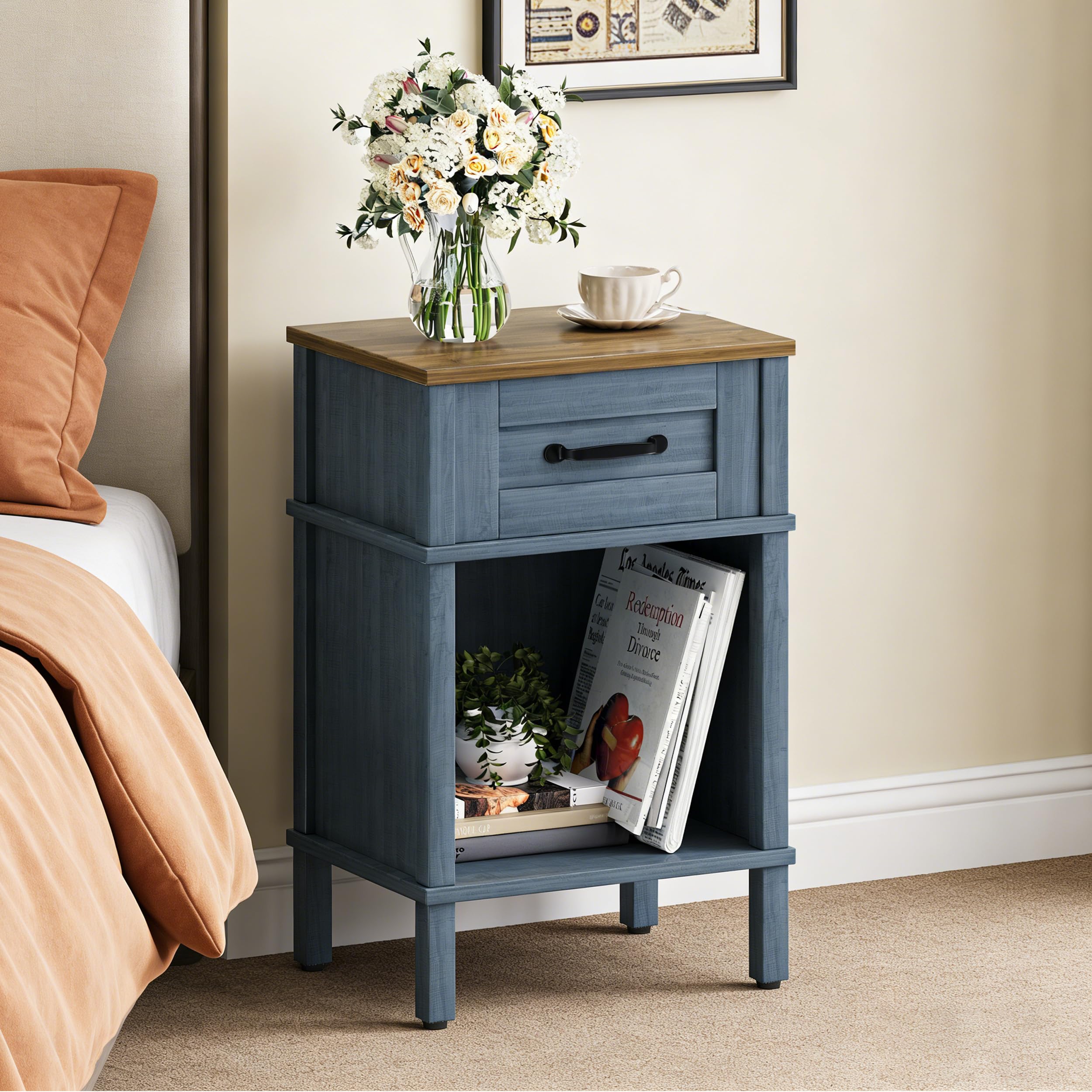 YAUKTAK blue end table with storage, top view for easy access to essentials.