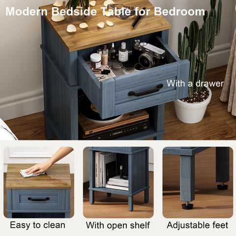 YAUKTAK rustic bedside table in bedroom setting with compact storage.