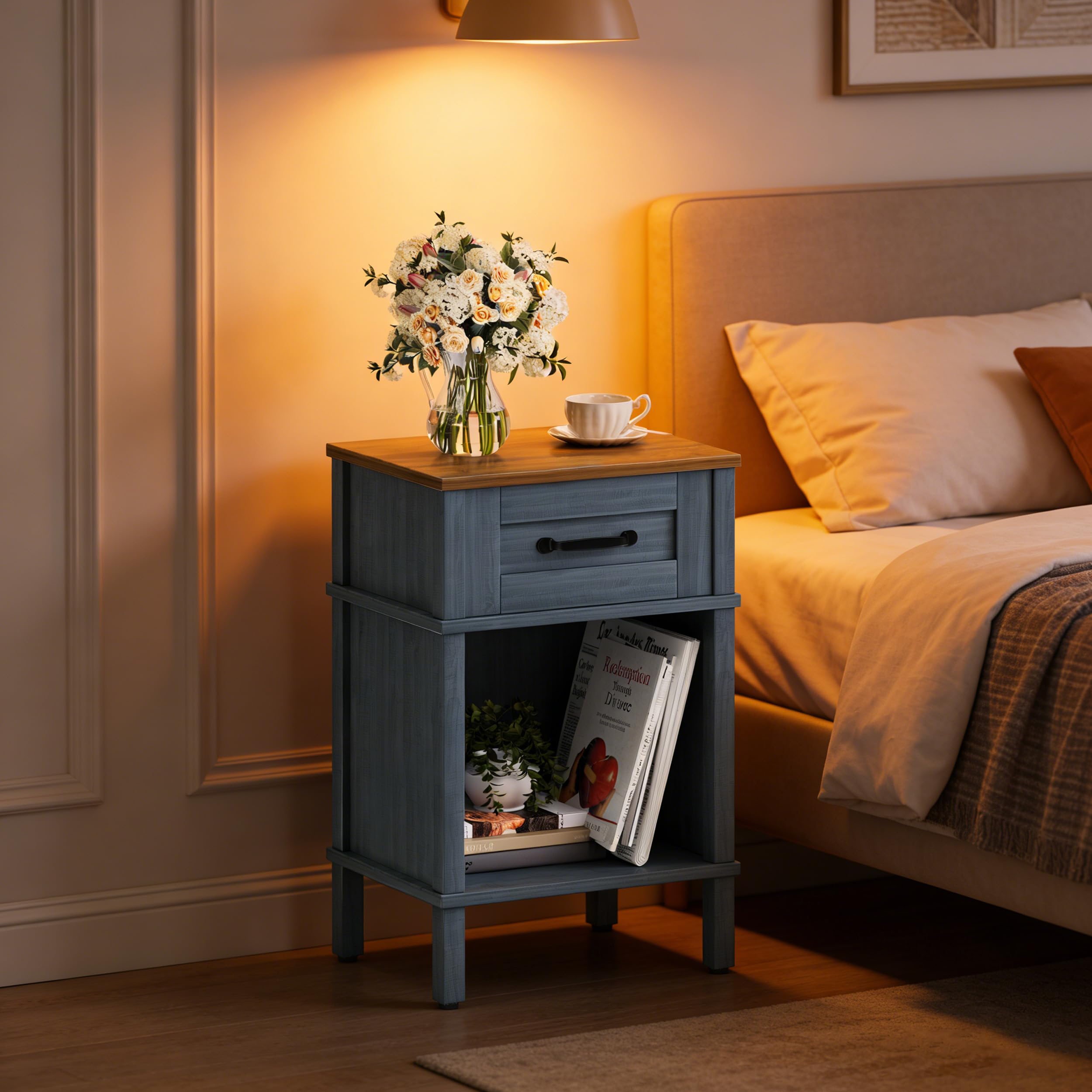 YAUKTAK small farmhouse nightstand with drawer, front view, organized bedside storage.