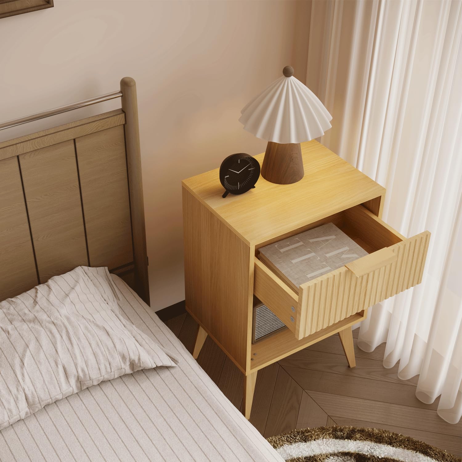 YAUKOMEL natural wood nightstand complements bedrooms with organic texture