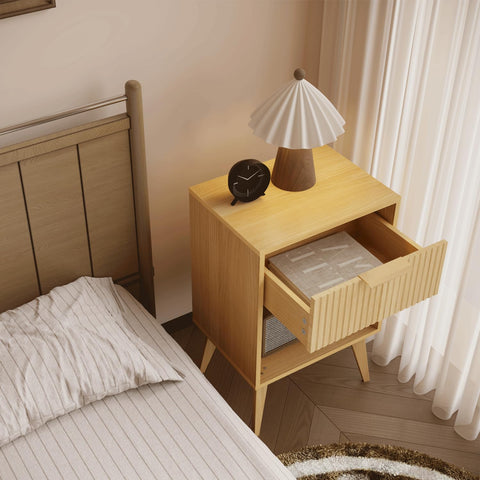 YAUKOMEL natural wood nightstand complements bedrooms with organic texture