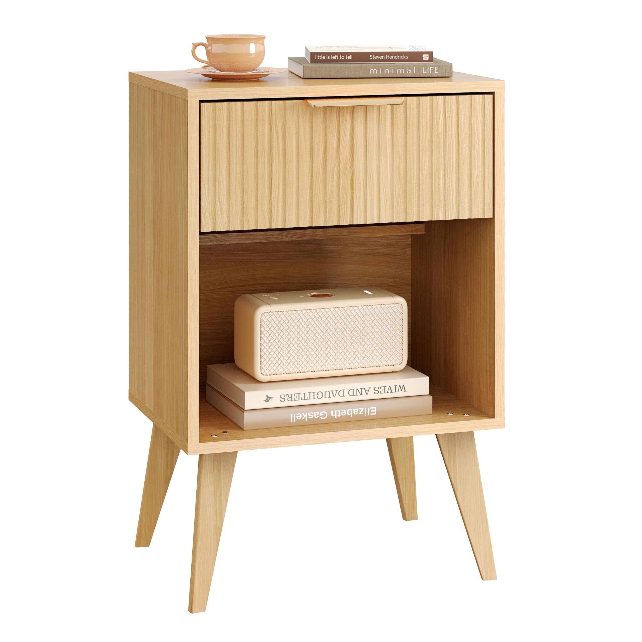 YAUKOMEL fluted nightstand with drawer and open storage for easy bedside organization