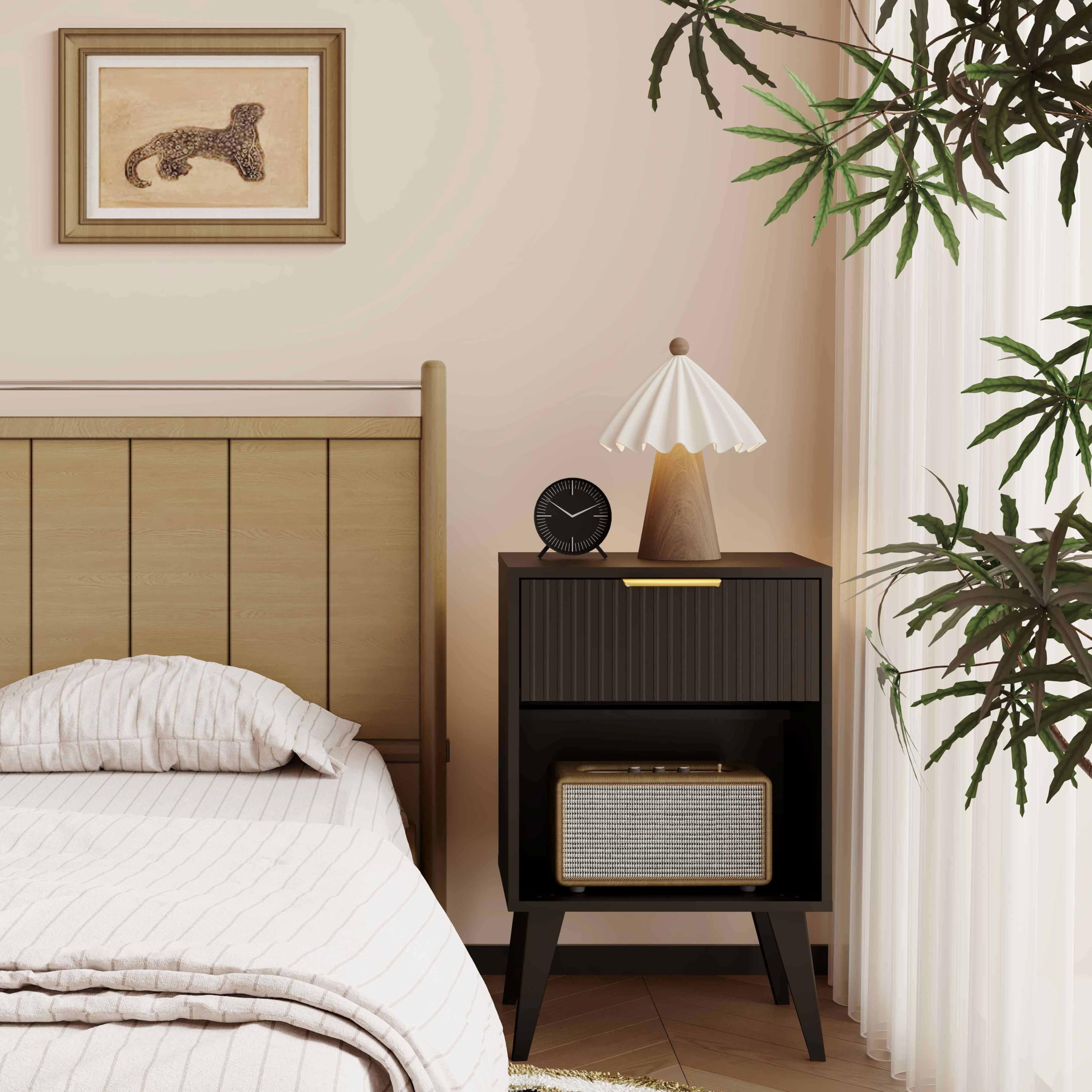 YAUKOMEL fluted nightstand drawer open shows easy access to remotes.