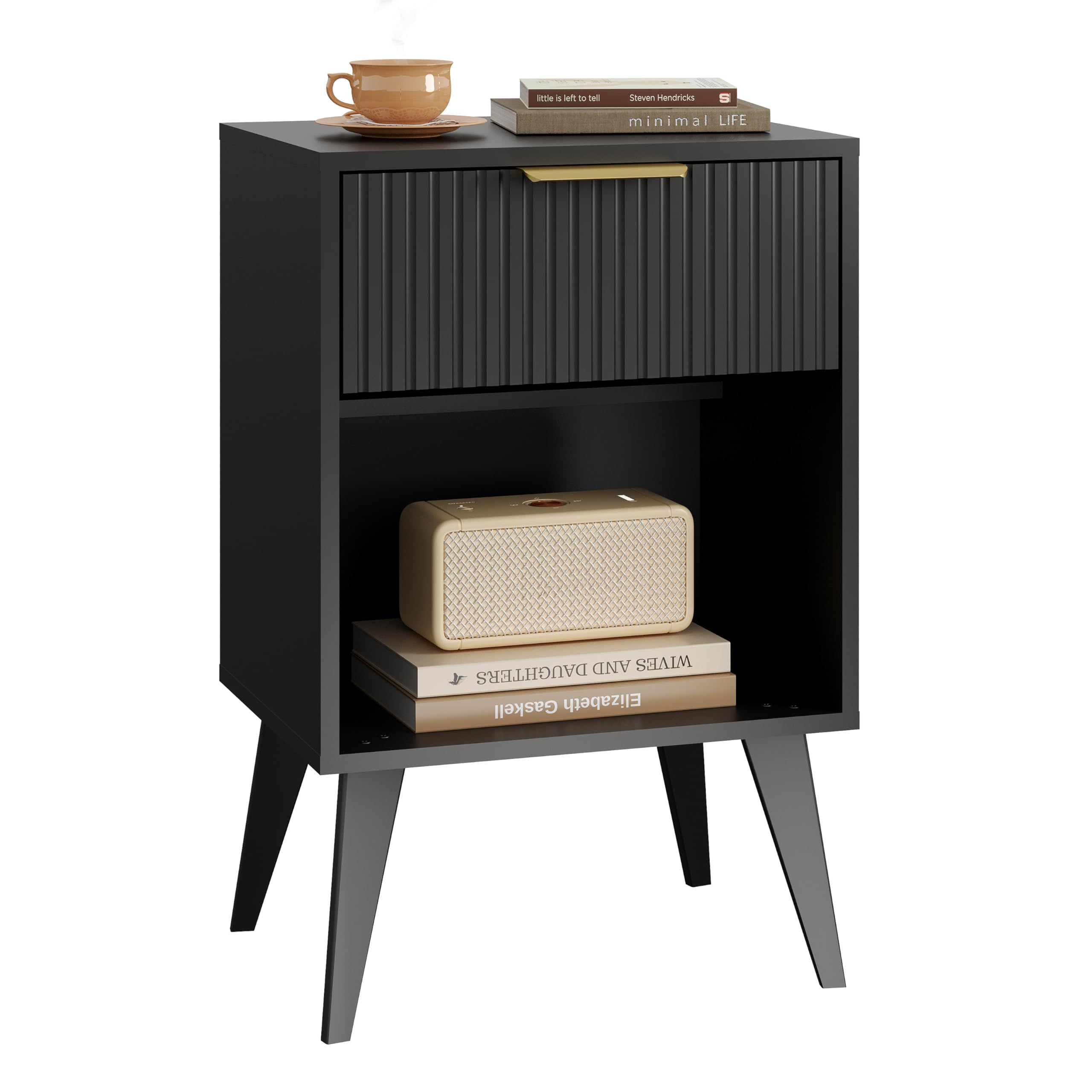 YAUKOMEL fluted nightstand front view with compact bedside storage for essentials.