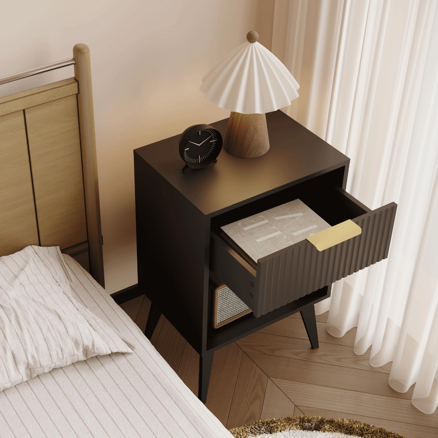 YAUKOMEL nightstand with beech legs emphasizes sturdy mid century style.