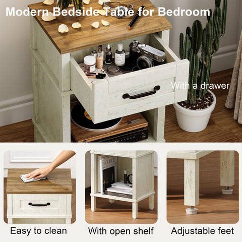 YAUKTAK bedroom scene with nightstand demonstrates versatile storage