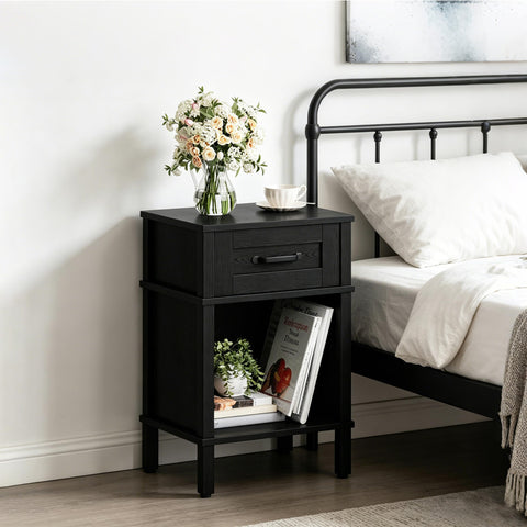 YAUKTAK farmhouse nightstand with drawer showing compact storage and clean lines in black.