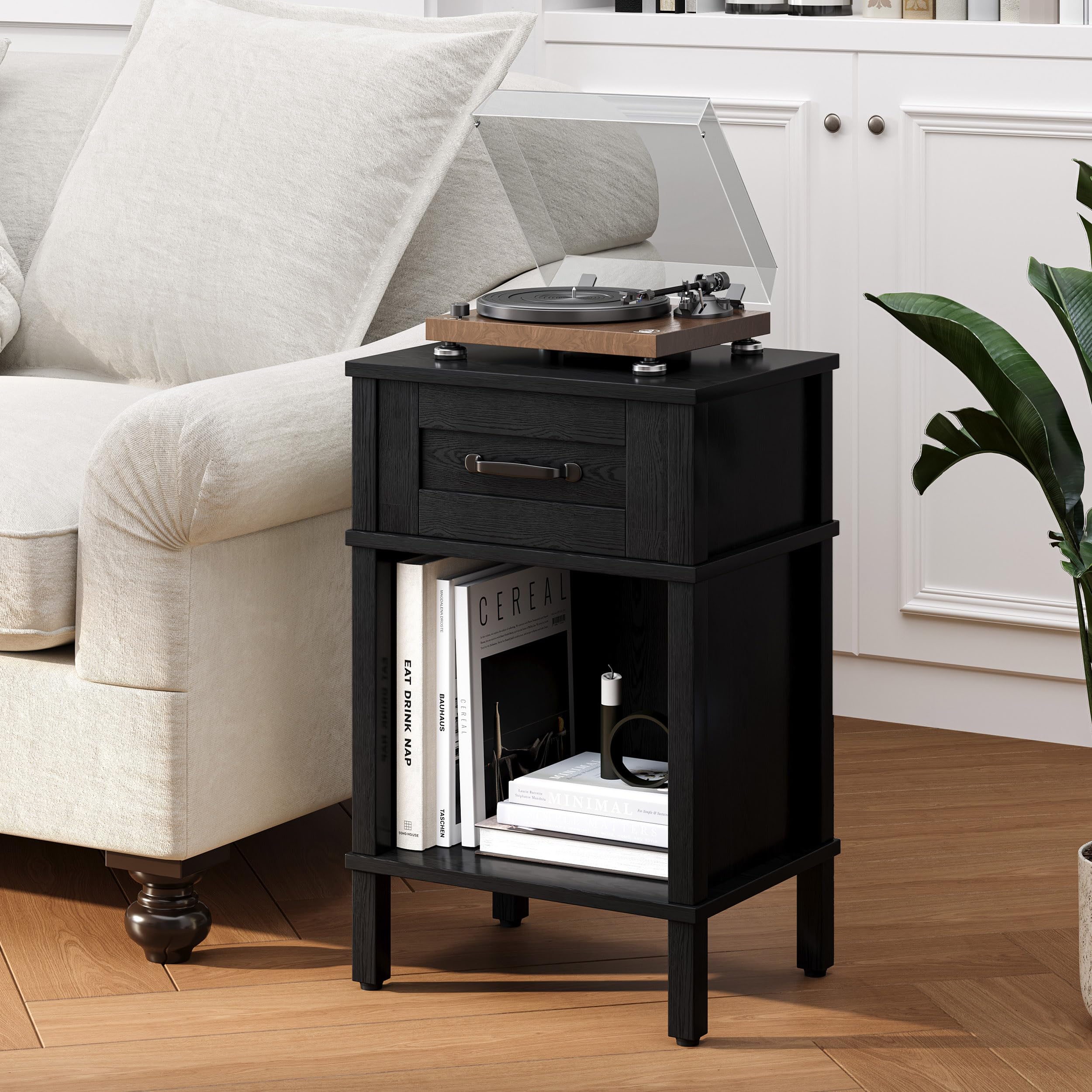 YAUKTAK nightstand offers practical storage beside the bed.